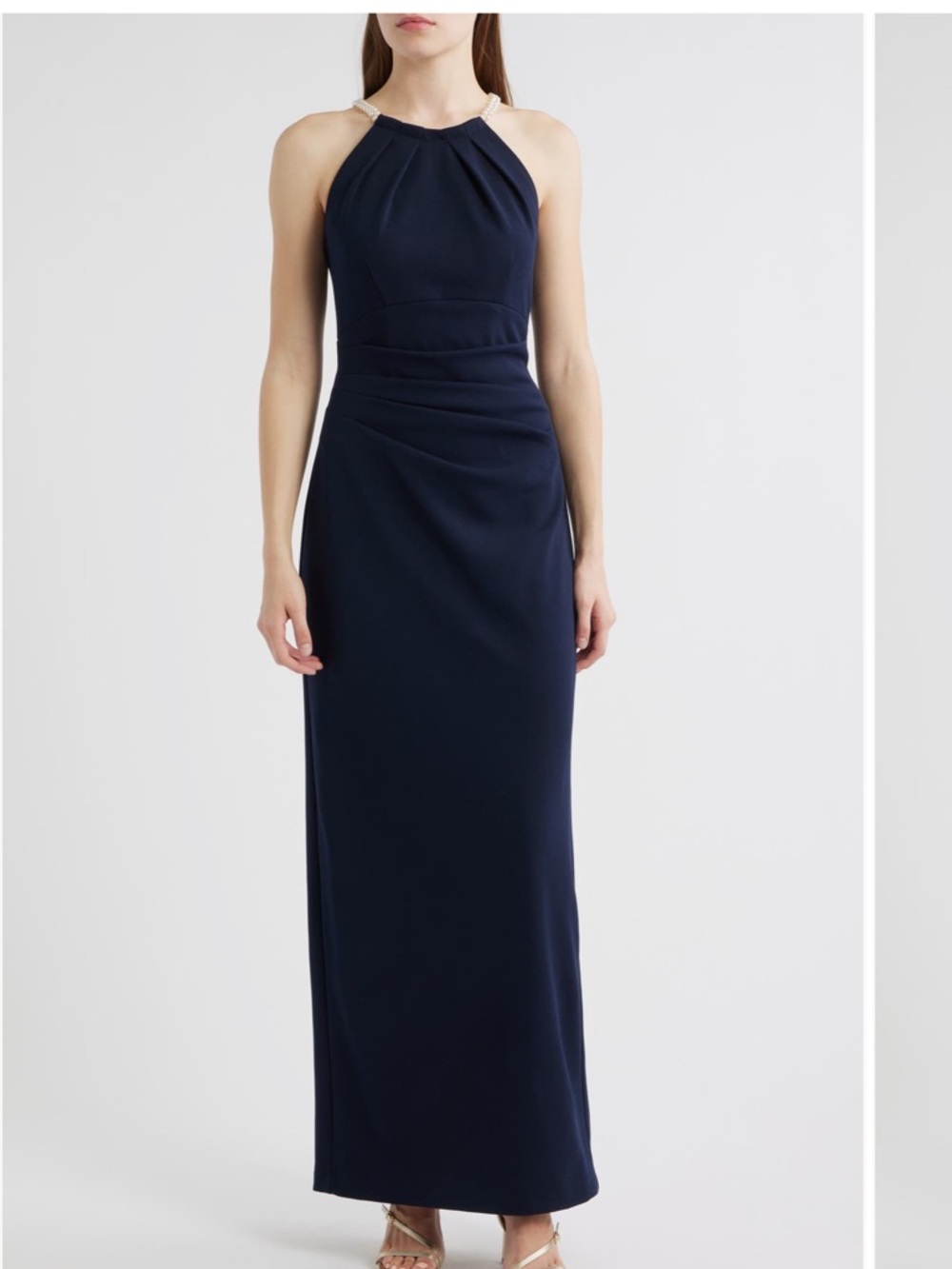 Eliza J Navy Halter Maxi Dress with Double Strand Pearl Straps